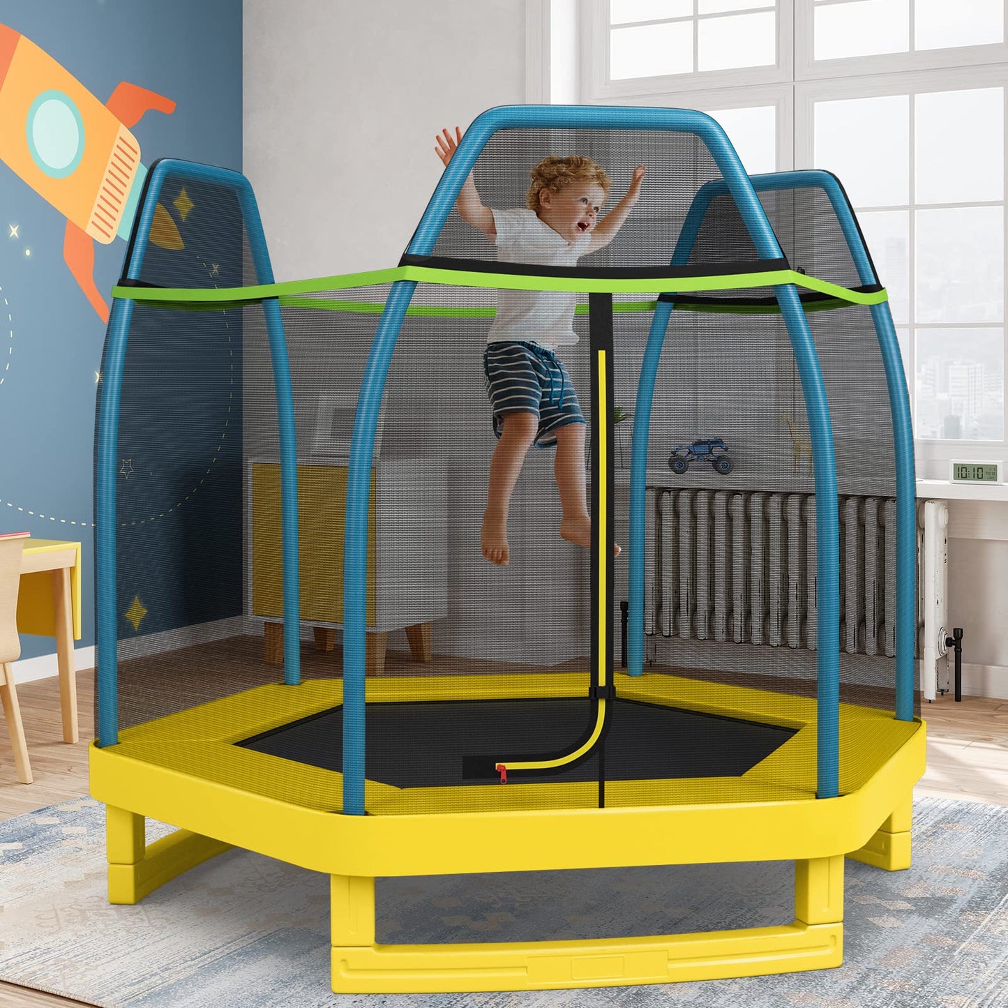 7ft Kids Trampoline Heavy Duty Hexagonal Trampolines with Safety Enclosure Net