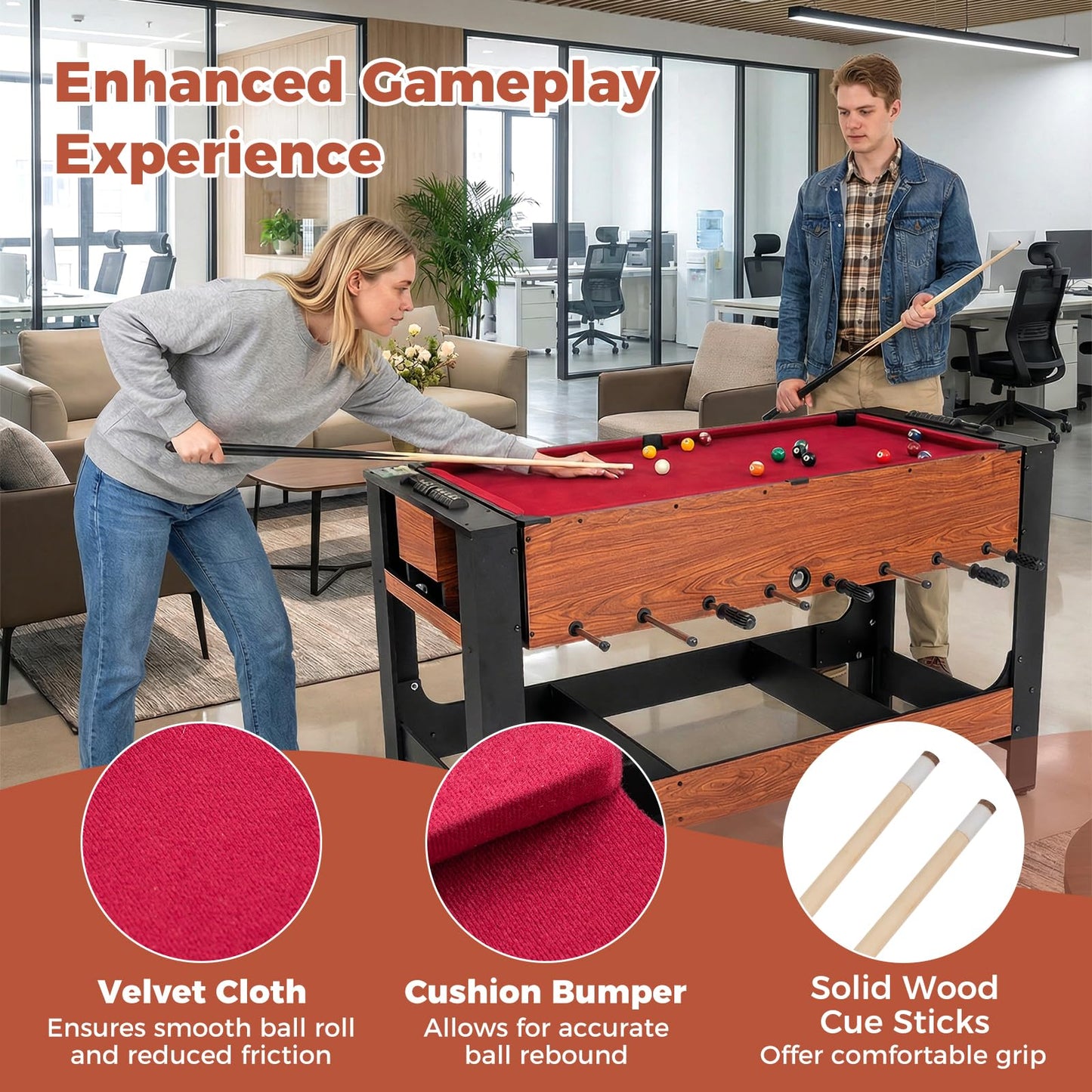 2 in 1 Multi Game Table, 138cm Swivel Football & Pool Combo Table with 2 Foosballs