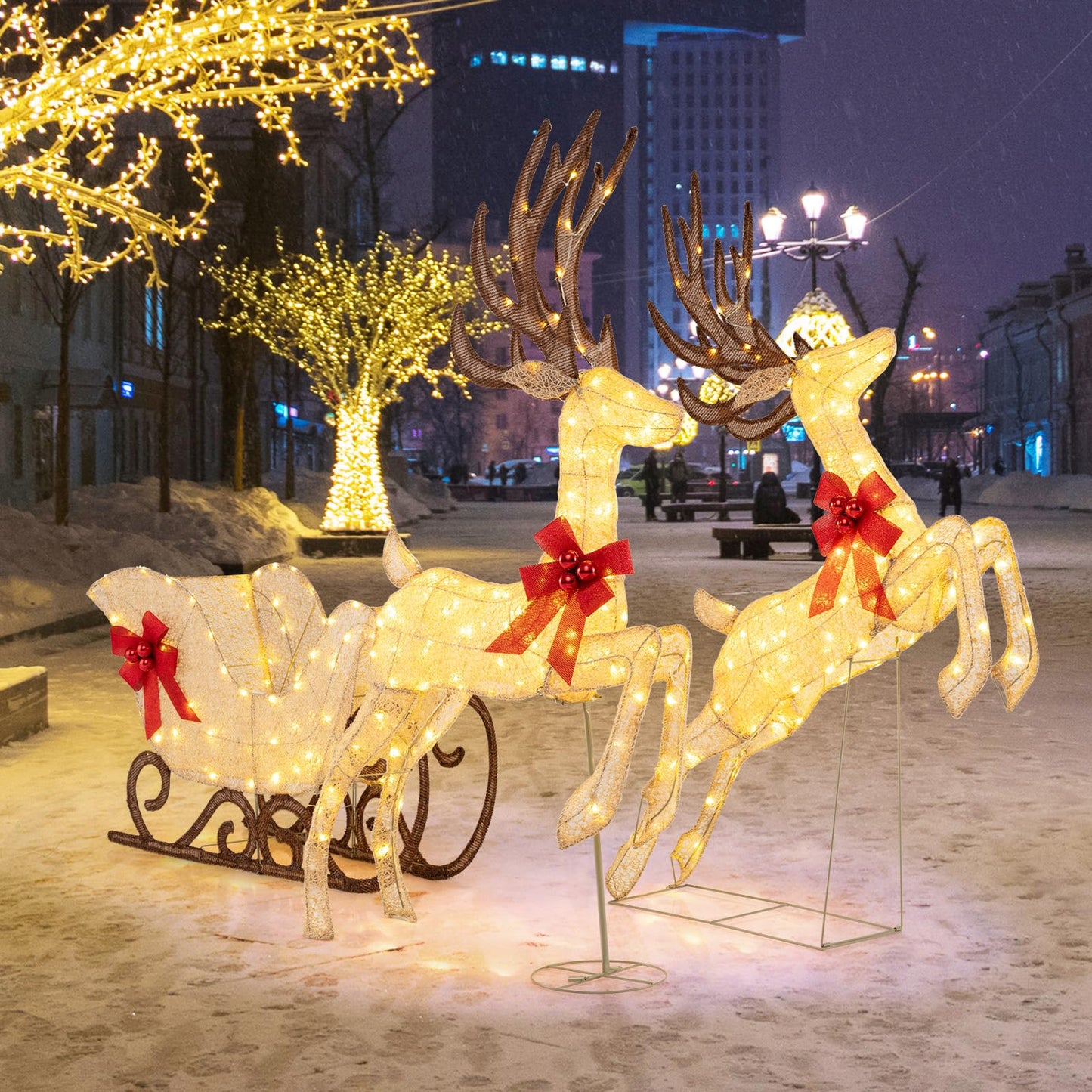 3-Piece Christmas Lighted Reindeer and Sleigh Set Lighted Deer Decoration