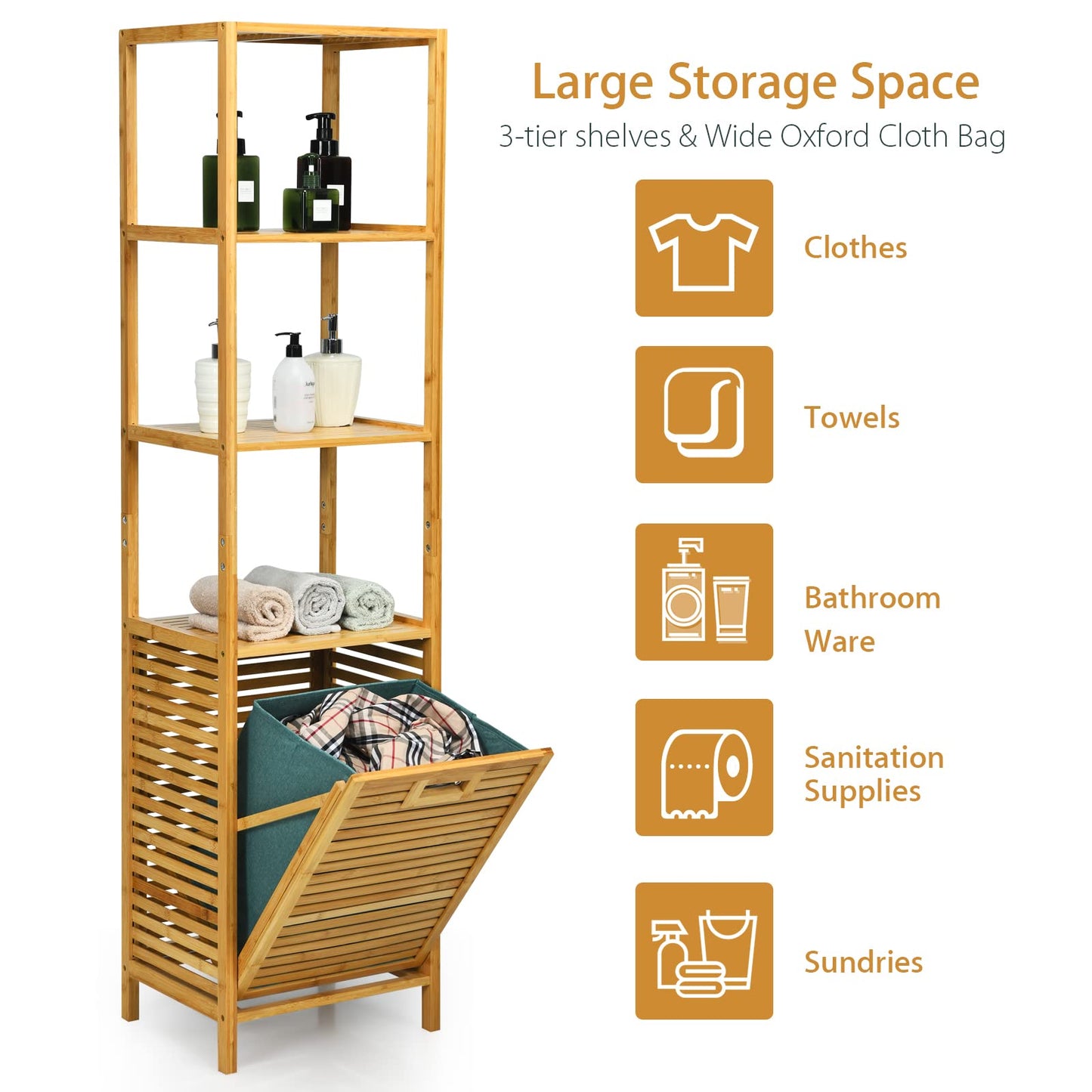 Bathroom Tilt-out Laundry Hamper Organizer with 3-Tier Storage Shelves