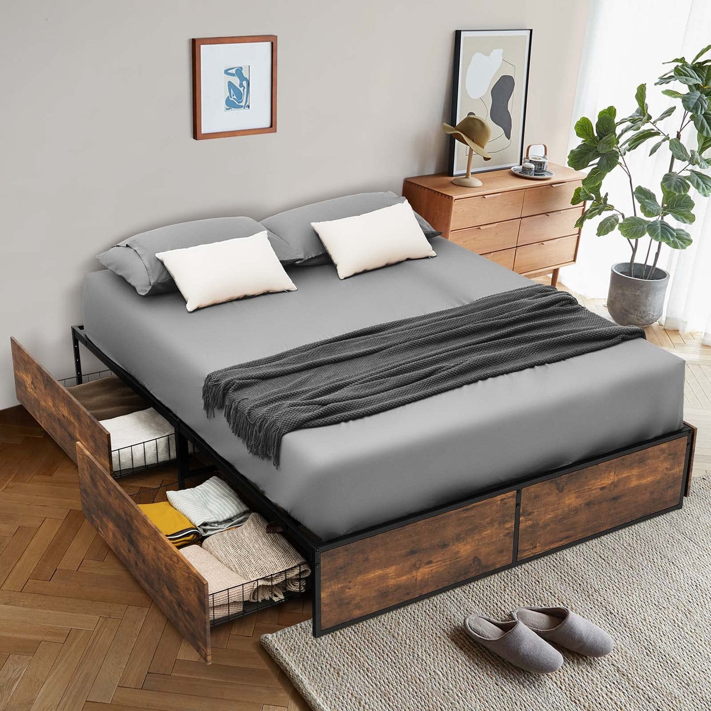 4 Feet Double Metal Bed Frame with 4 Rolling Underbed Storage Drawers