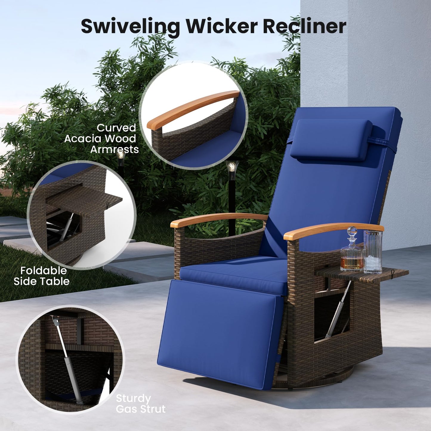 Outdoor 360° Swivel Rattan Recliner Chair with Adjustable Backrest and Footrest