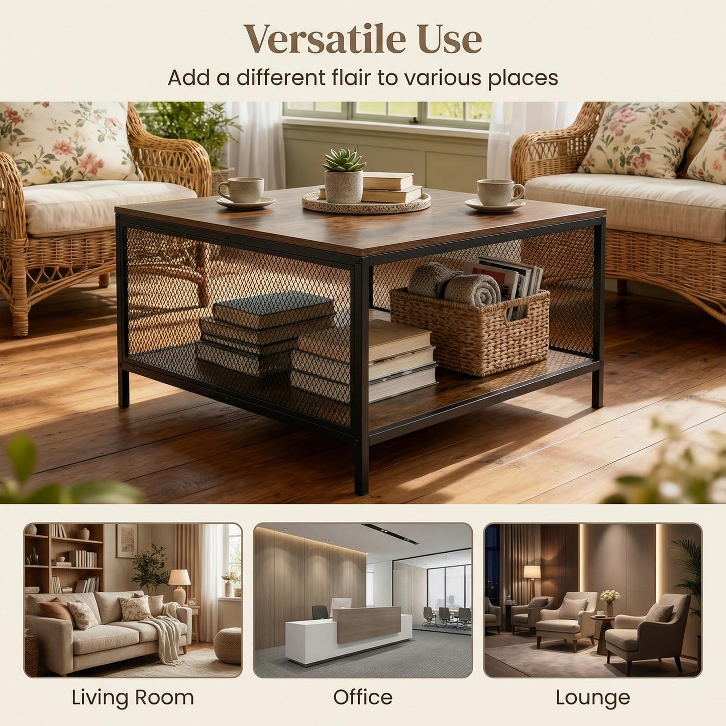 2-Tier Coffee Table, Industrial Square Cocktail Center Table with Open Storage Shelf