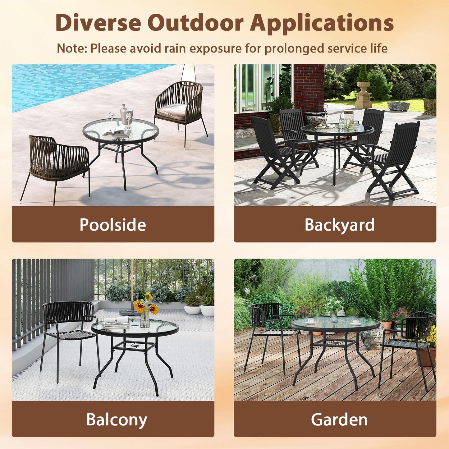 70cm Patio Side Table, Round Outdoor Coffee Table with Tempered Glass Tabletop