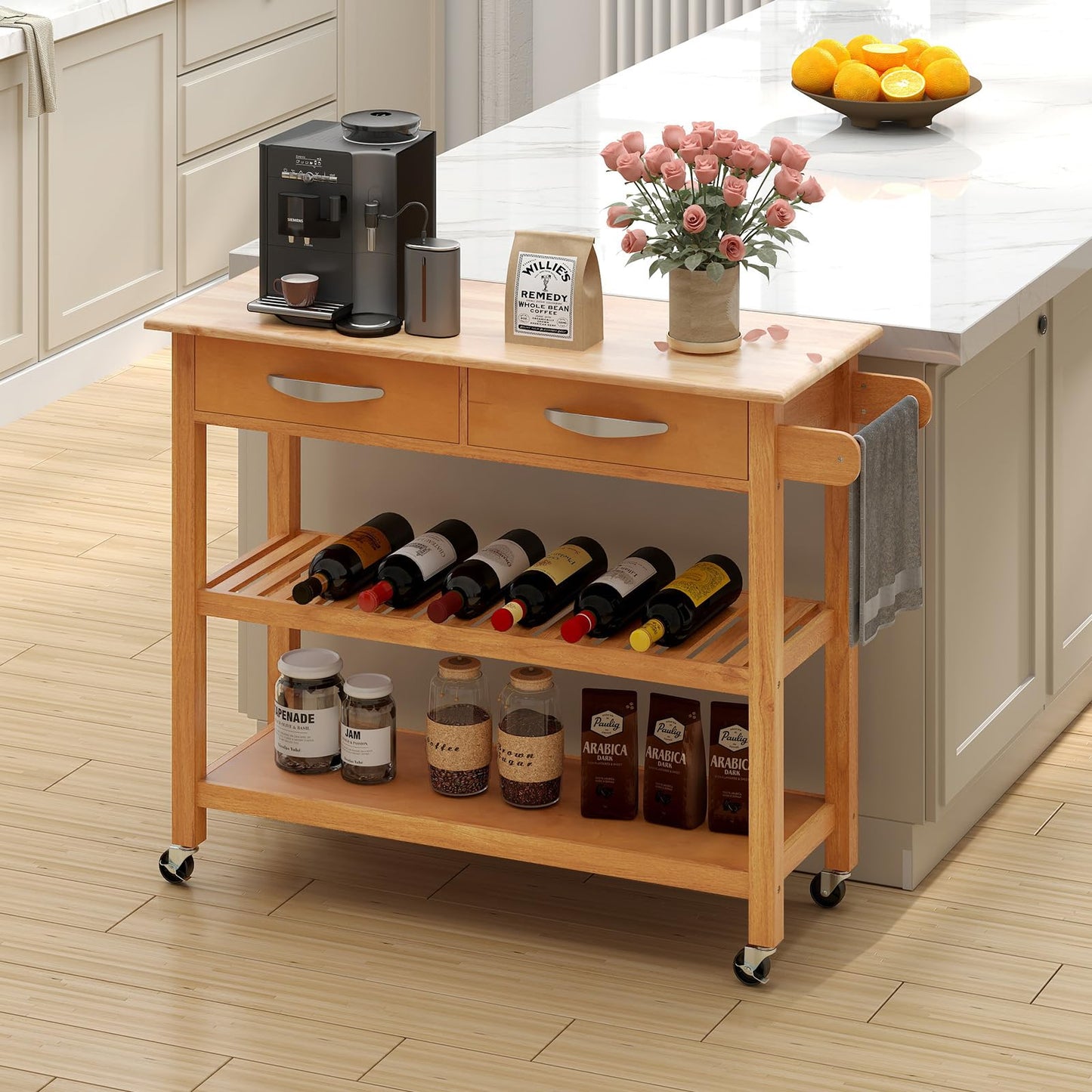 Kitchen Island with Storage 3-Tier Rolling Utility Cart with Wood Countertop