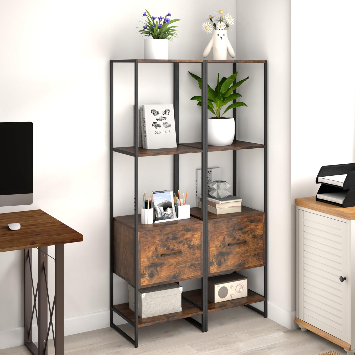 5-Tier Tall Narrow Bookcase Bookshelf with Drawer Shelves