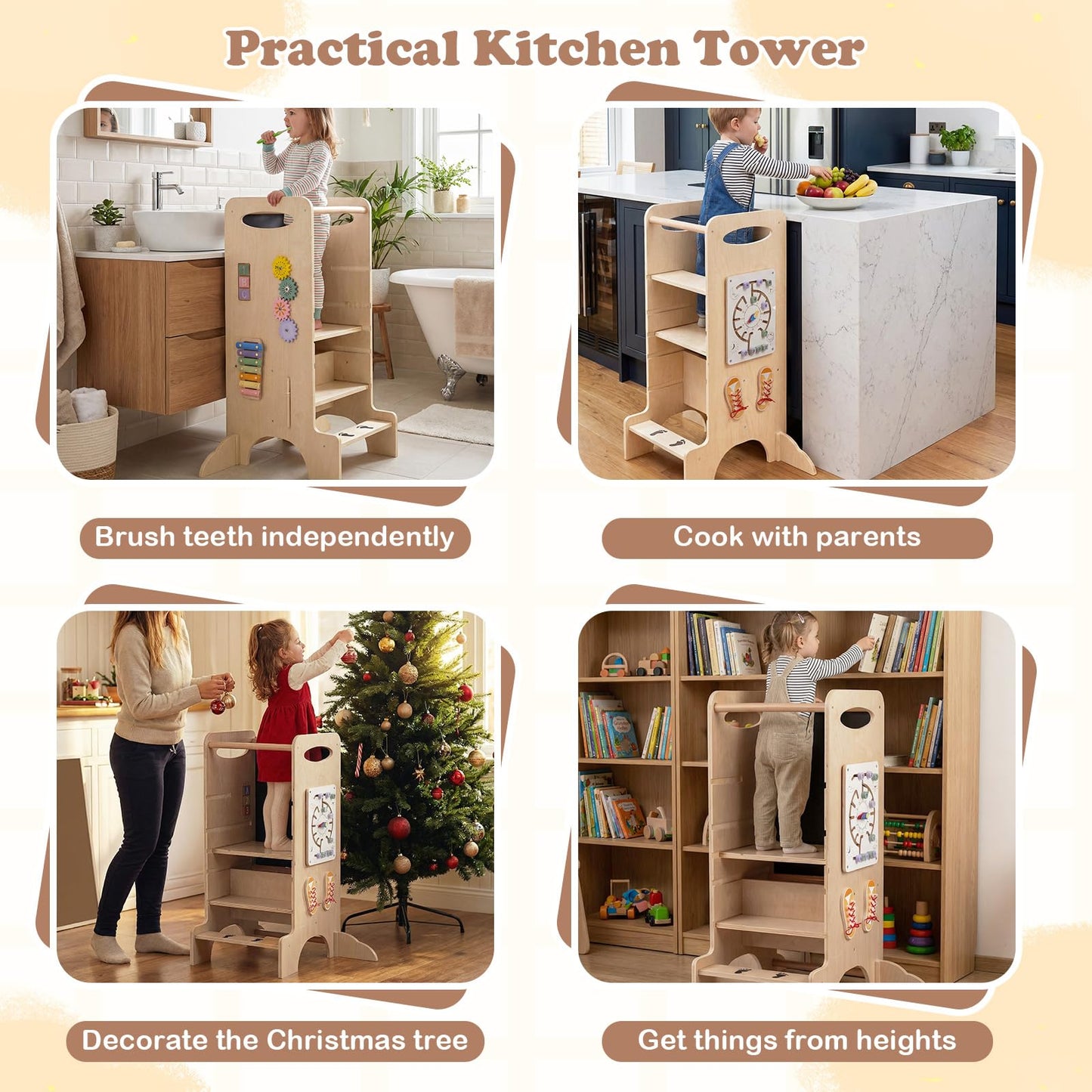 Toddler Step Stool Wooden Kids Standing Tower with Safety Rails