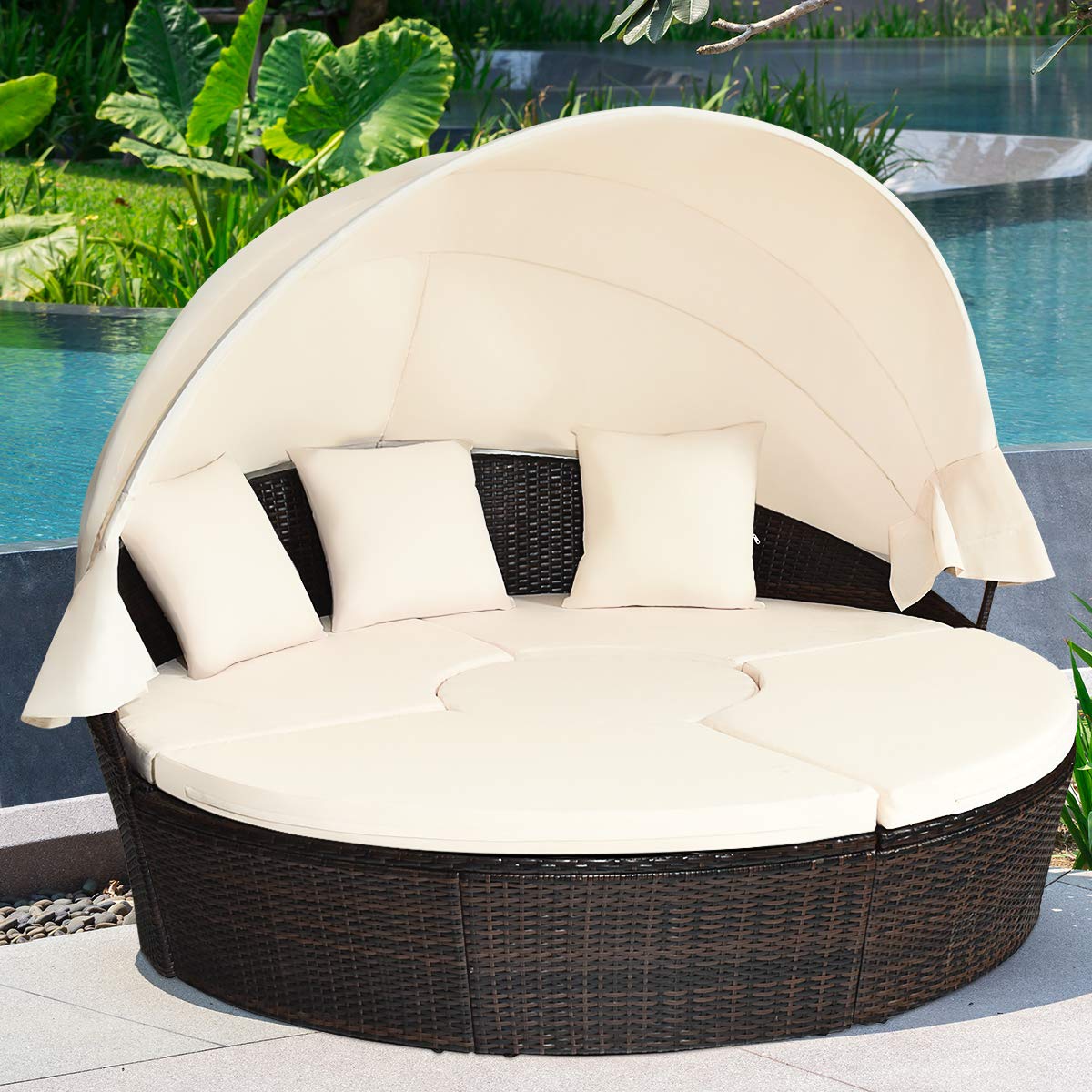 Patio Wicker Sun Bed Sectional Sofa Set with Retractable Canopy