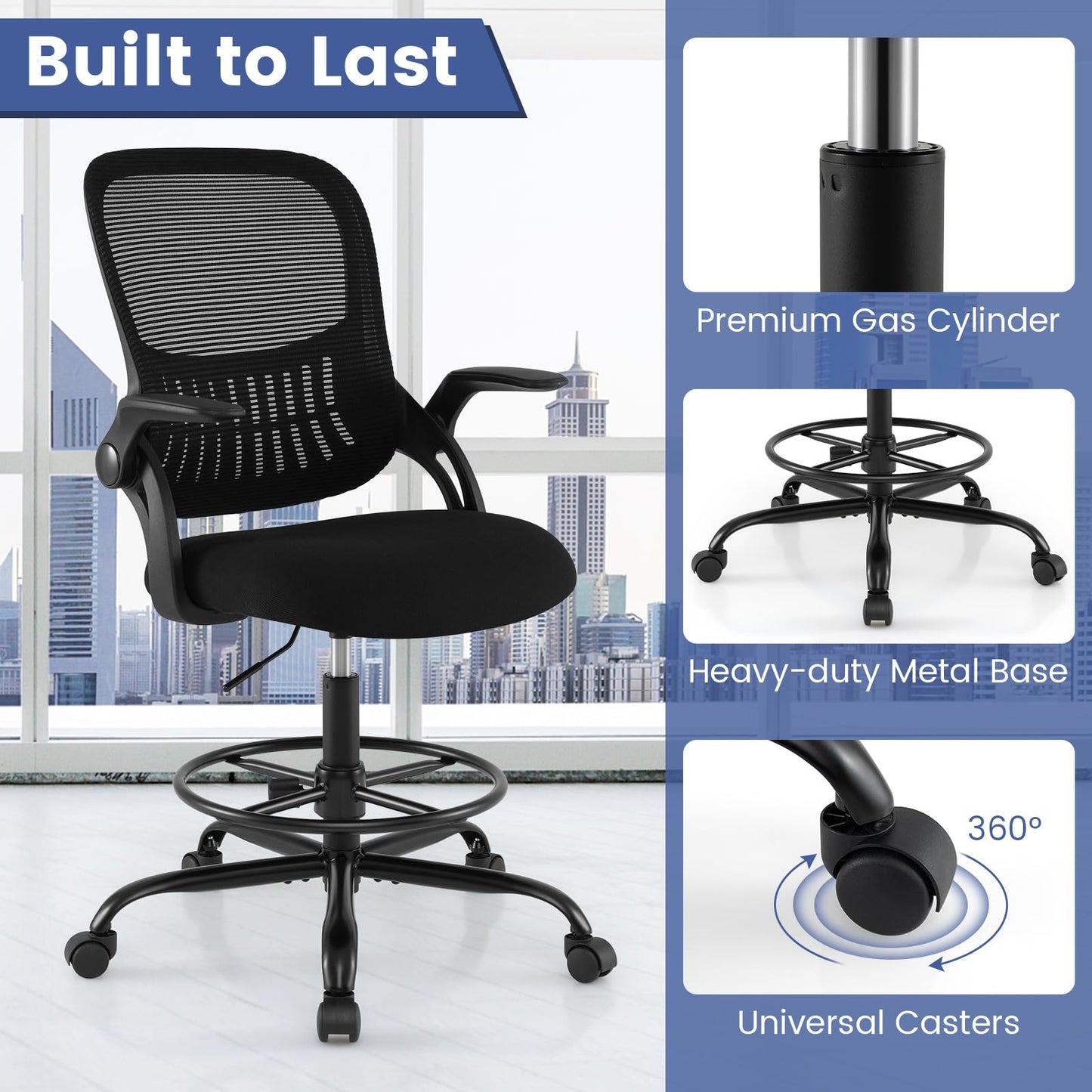 Mesh Drafting Chair, Ergonomic Swivel Office Chair with Adjustable Footrest