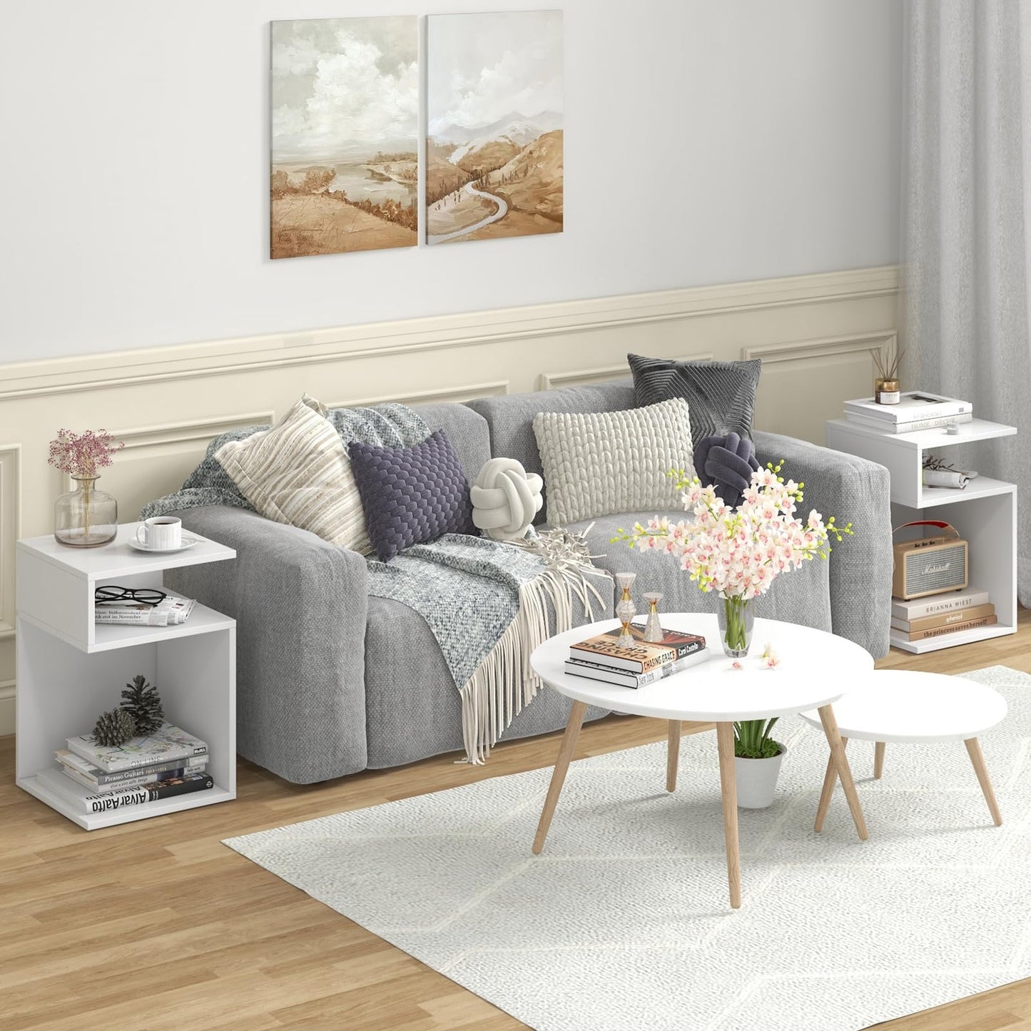 S-Shaped Side Table with 2 Open Compartments for Small Space