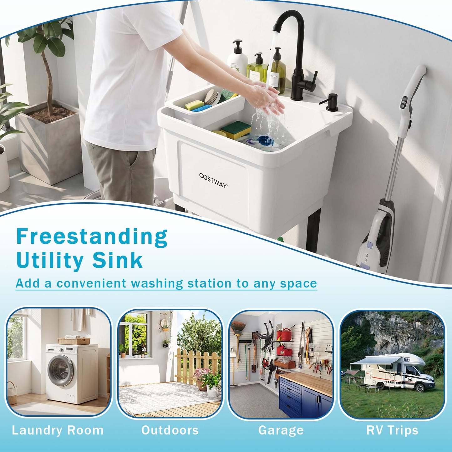 Freestanding Single Bowl Utility Sink, 55L Drain Laundry Tub with Faucet