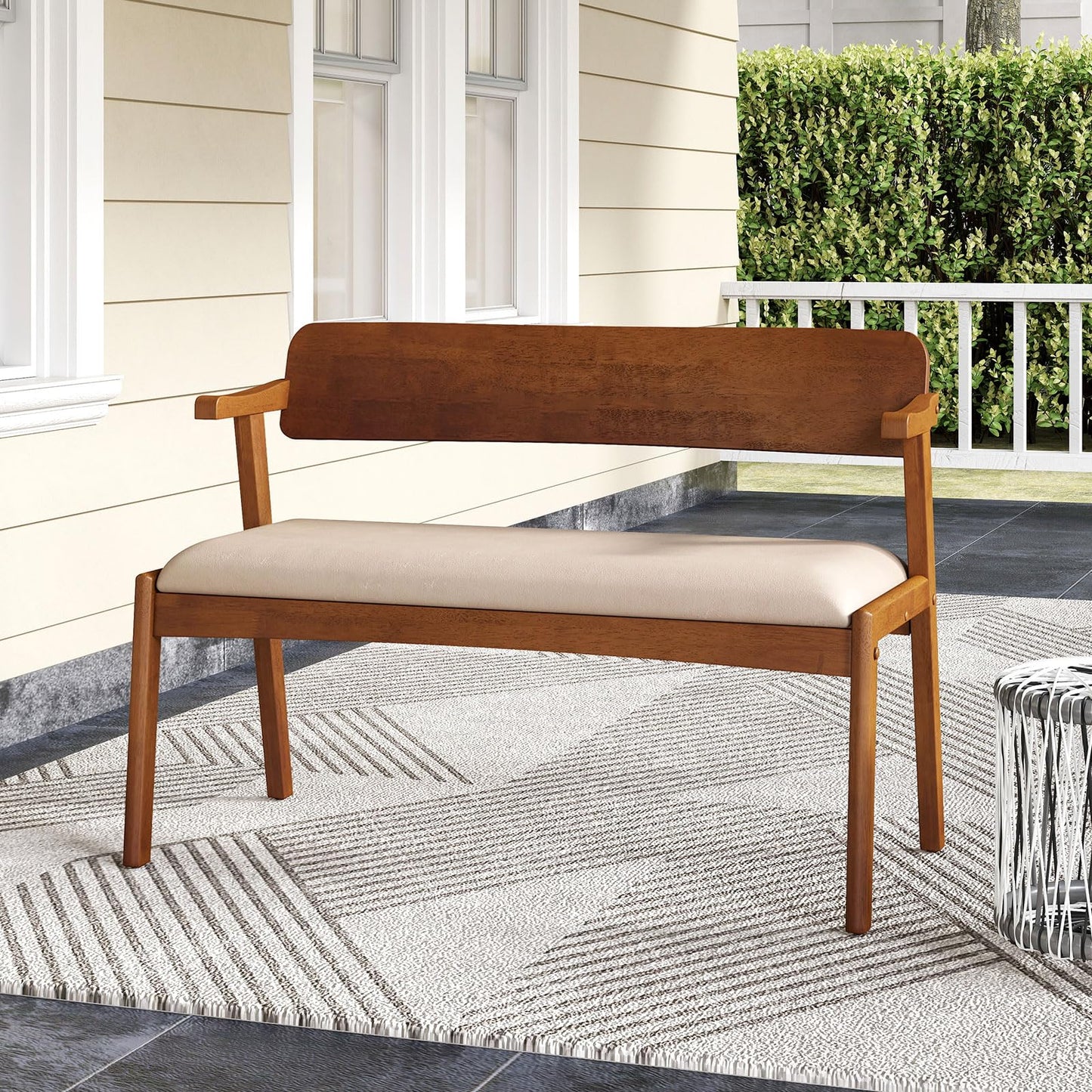 2 Seat Rubber Wood Bench with Padded Seat and Ergonomic Backrest