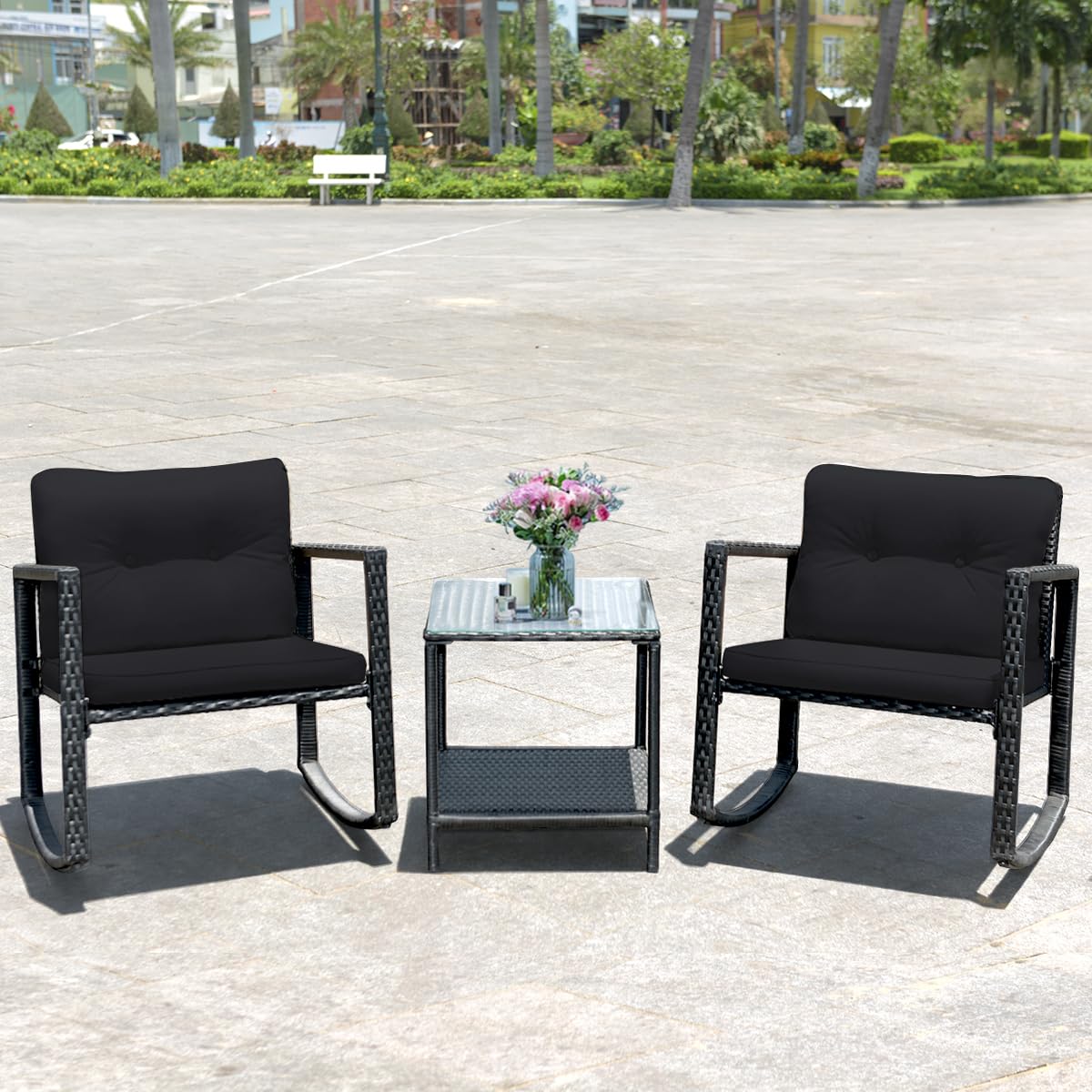 Giantex 3 PCS Garden Rocking Bistro Set PE Rattan Furniture Set with 2-tier Glass Table