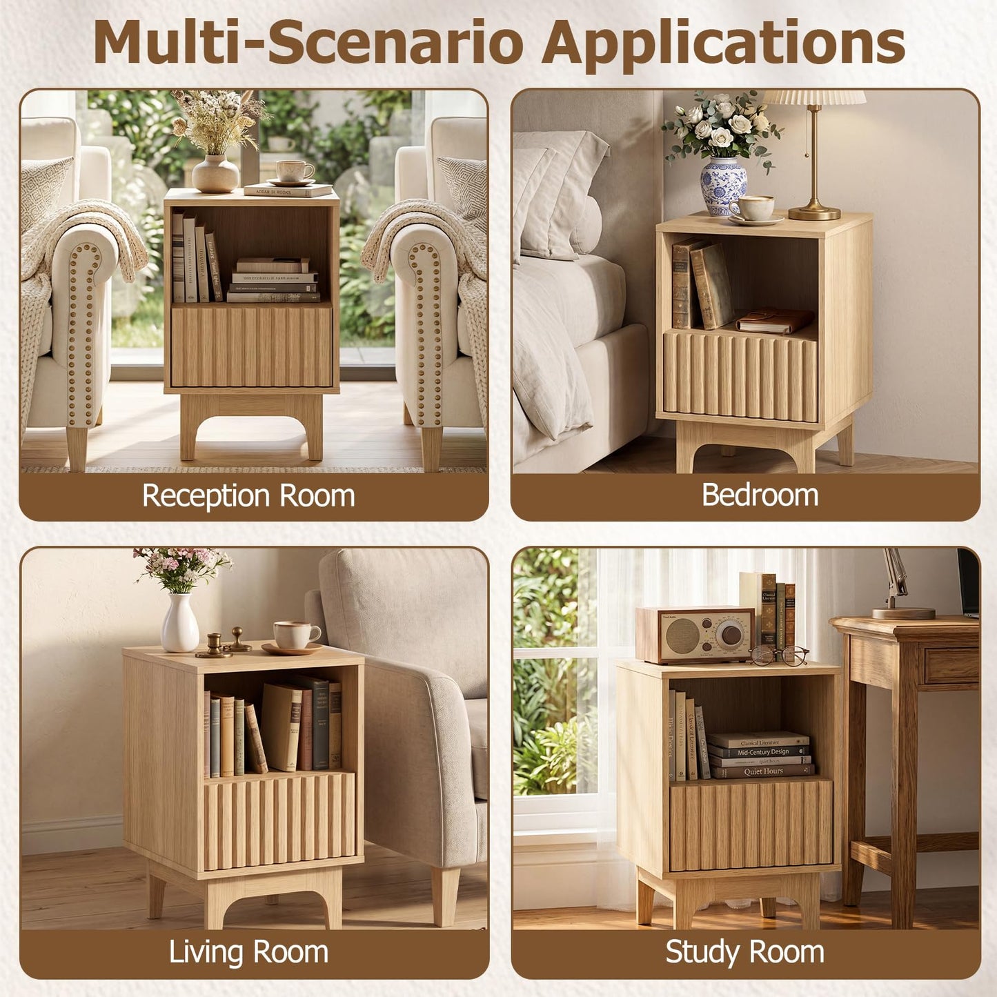Bedside Table, Wooden Nightstand End Sofa Side Table with Fluted Storage Drawer