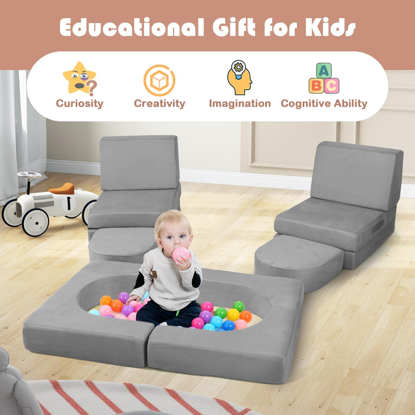 8 Piece Modular Kids Play Couch with Machine washable Covers