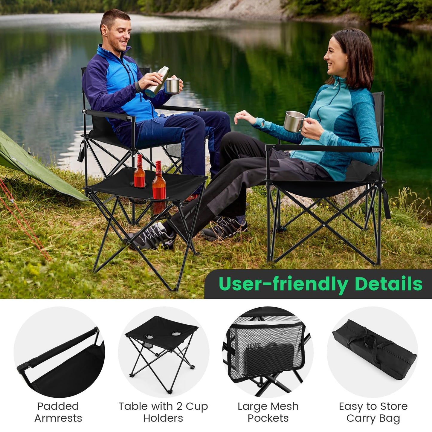 3 Piece Foldable Camping Chairs and Table Set