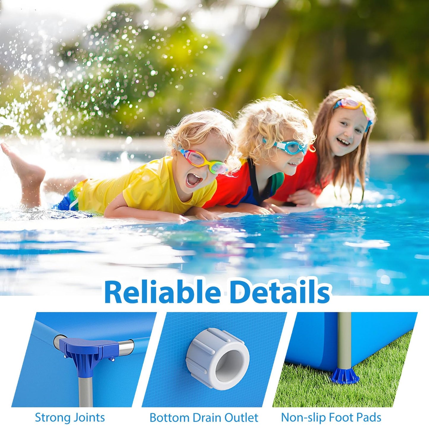 Above Ground Swimming Pool Outdoor Rectangular Pool for Kids above 3 with Metal Frame