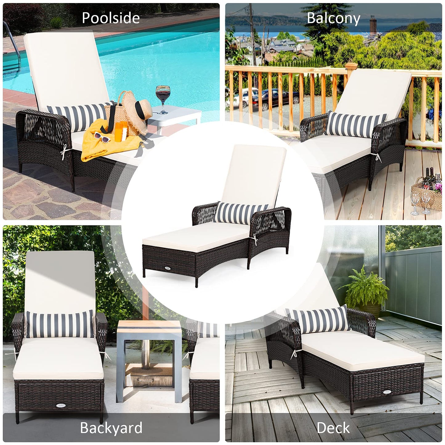 Rattan Sun Lounger with Removable Cushion and Pillow for Outdoor