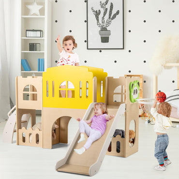 7-in-1 Toddler Slide Set with Ladder and Long Aisle Wooden Playground