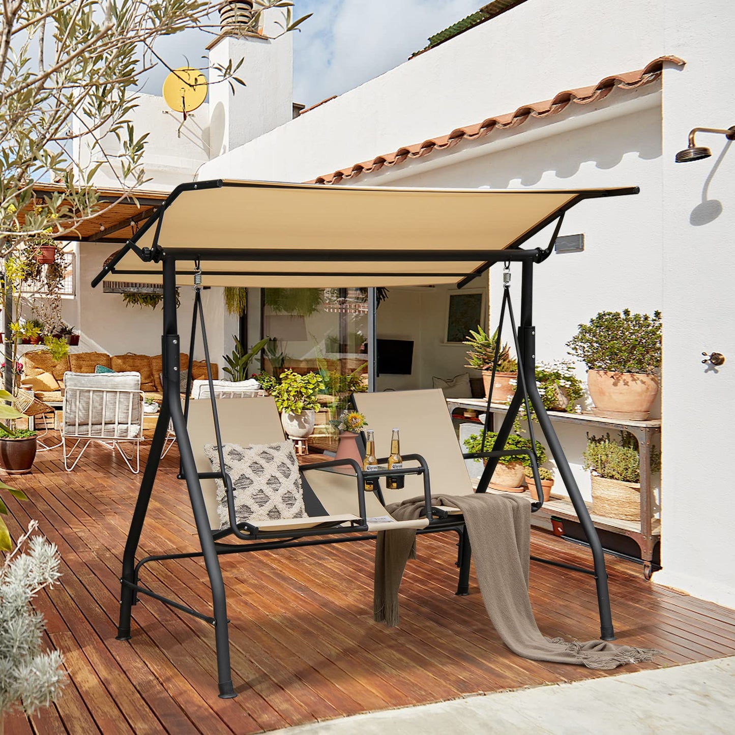 Outdoor Hammock Bench Chair with Adjustable Canopy and Tempered Glass Table