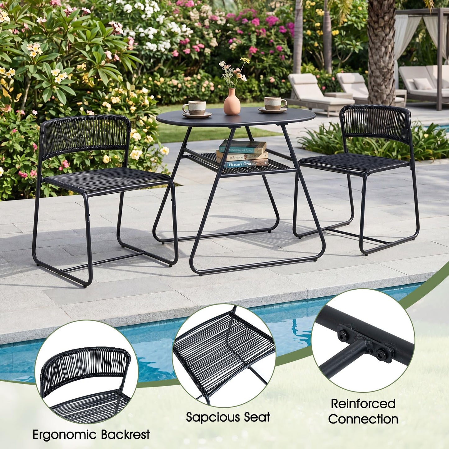 3 Piece Patio Bistro Set, Outdoor Dining Table with 2 Varied-Size Stackable Rattan Chairs & Shelf