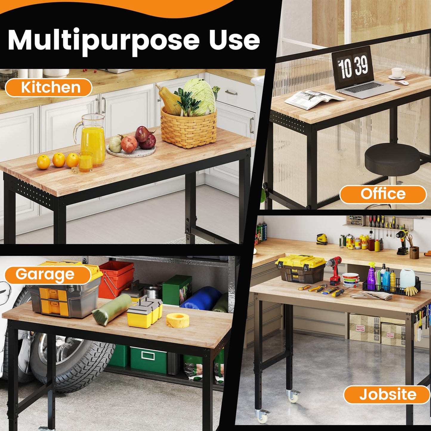 Adjustable Workbench with Wheels and Heavy-Duty Metal Frame