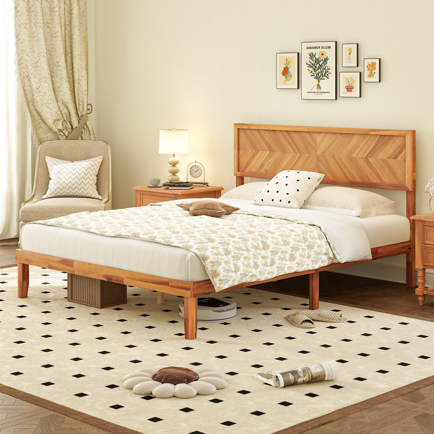 Mid-Century Acacia Wood Bed Frame with Headboard