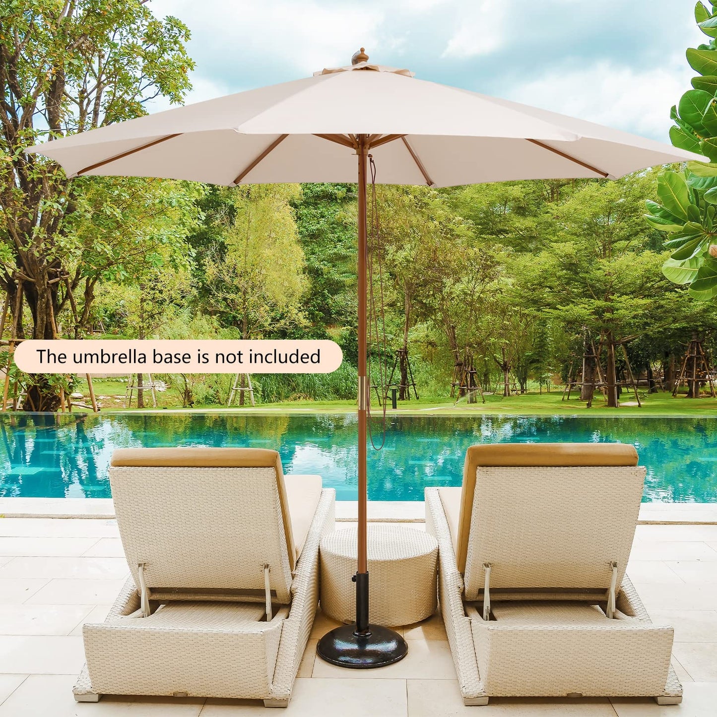 Pulley Operated Wood Patio Umbrella with 3 Gear Position and 8 Ribs