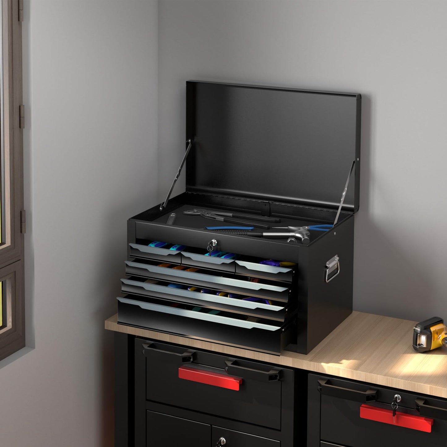 Steel Tool Box Chest Case with 6 Drawers Top Storage Automatic Lock