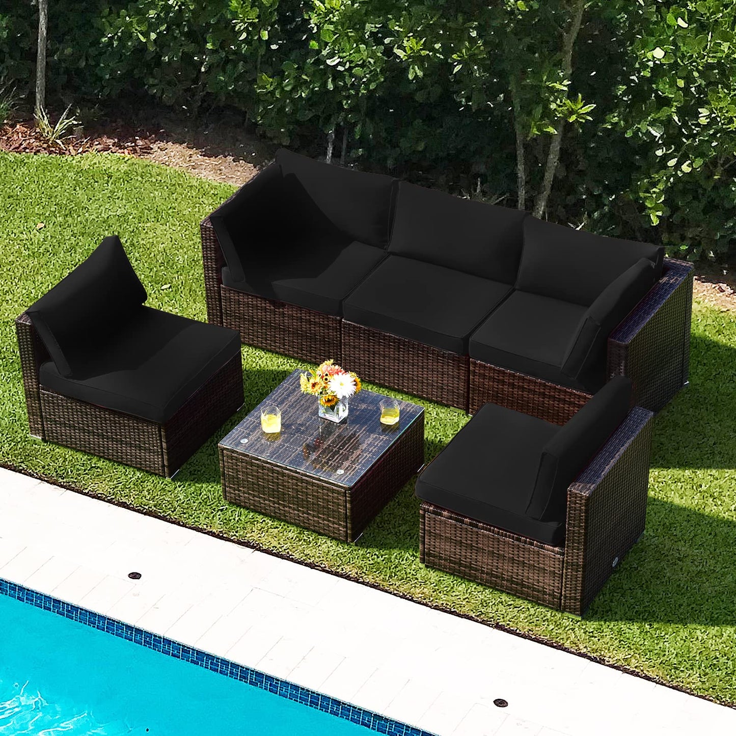6 PCS Corner Patio Conversation Sofa Set with Tempered Glass Table and Cushions