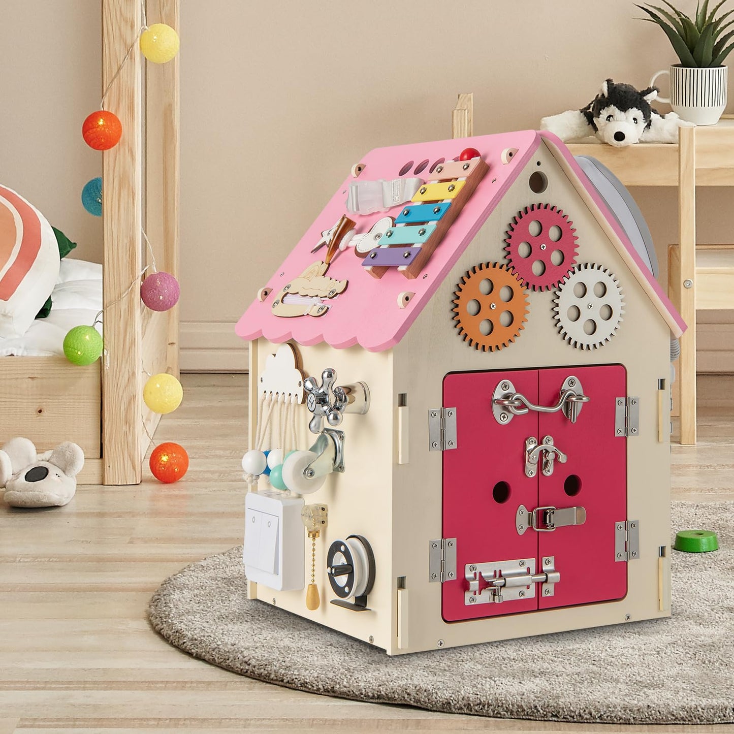 Wooden Busy House Toddler Learning Toy with Music Box