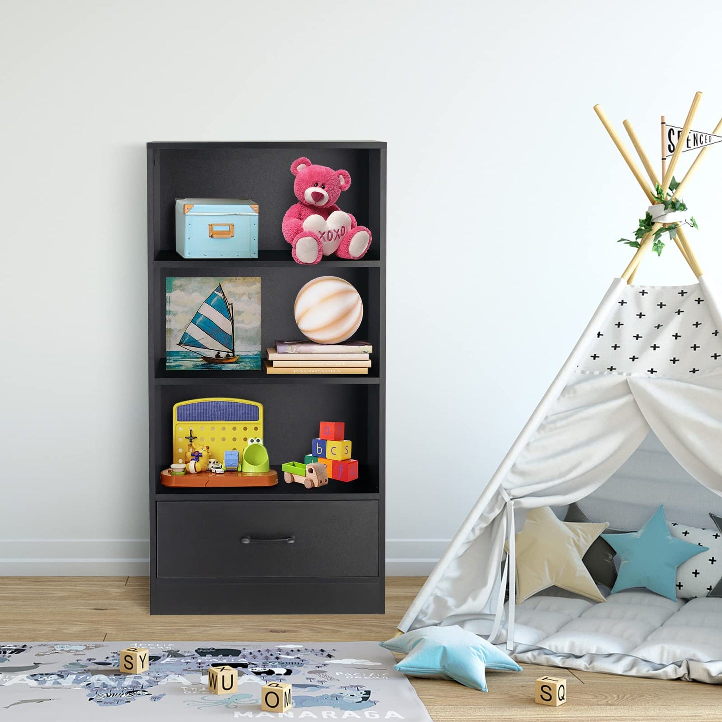 Wooden Storage Bookshelf Cabinet with 3 Tier Open Shelves and Drawer