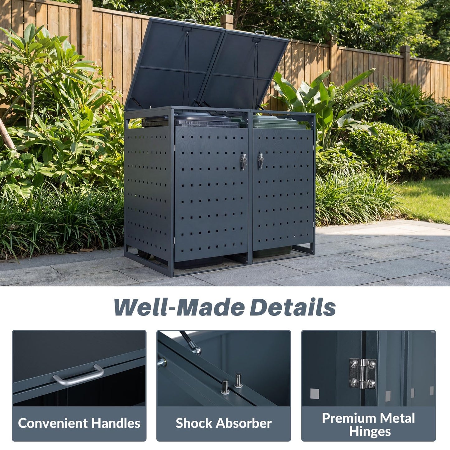 Double Wheelie Bin Storage, 240L Metal Garden Bin Hideaway with Gas Struts