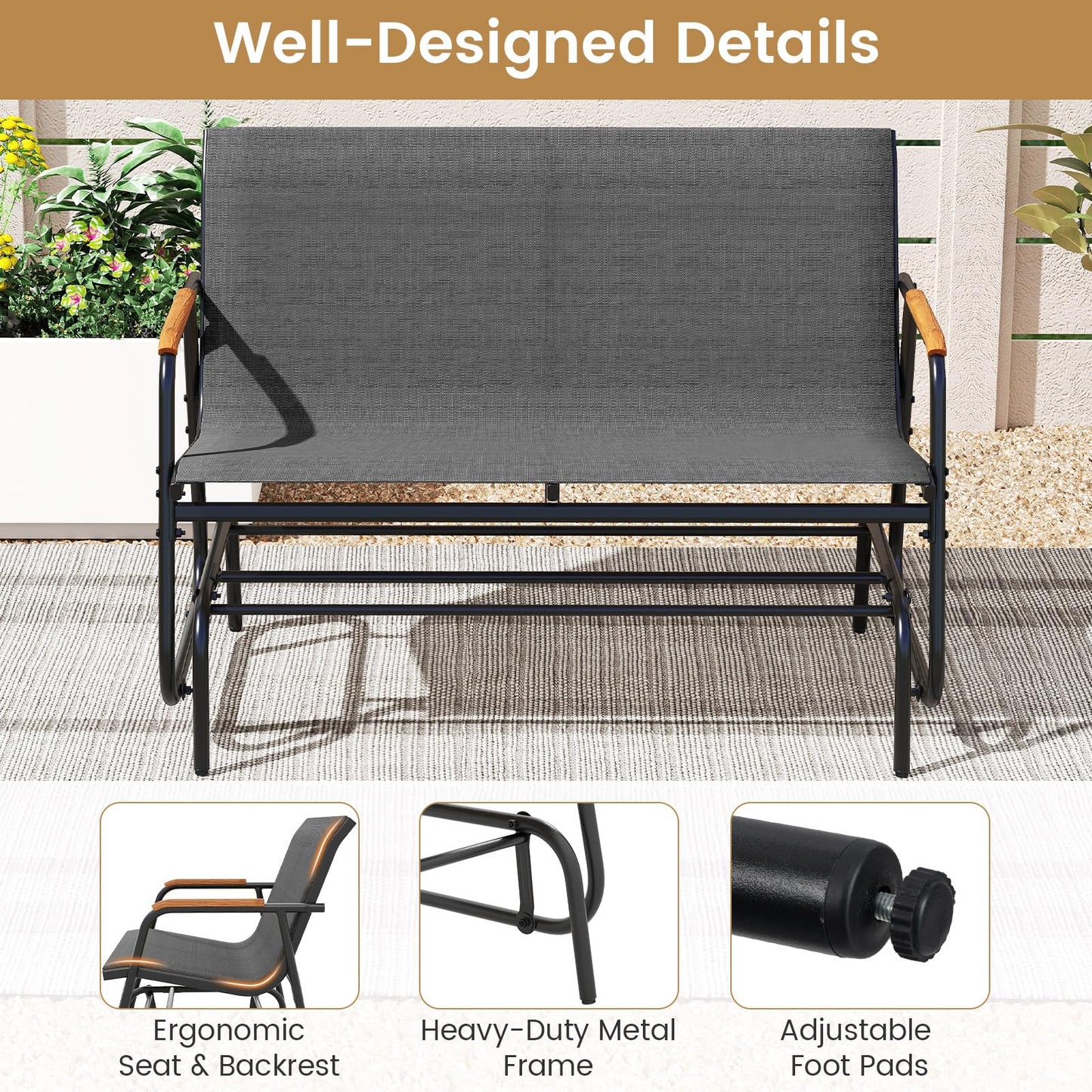 2-Person Outdoor Metal Frame Fabric Glider Bench