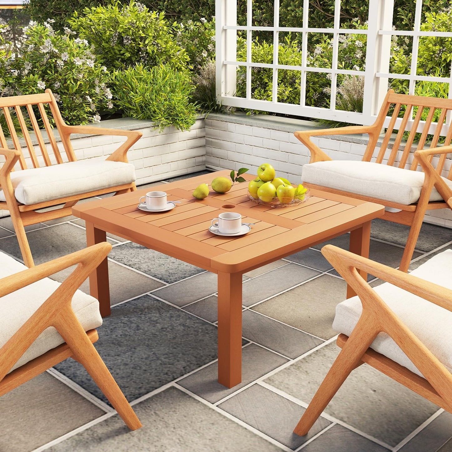 Patio Coffee Table with Umbrella Hole Outdoor Solid Wood End Table