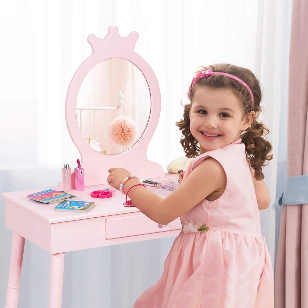 Child's Dressing Table and Cushioned Stool Set