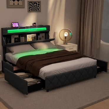 Modern Upholstered Bed Frame with Led Lights and Charging Station