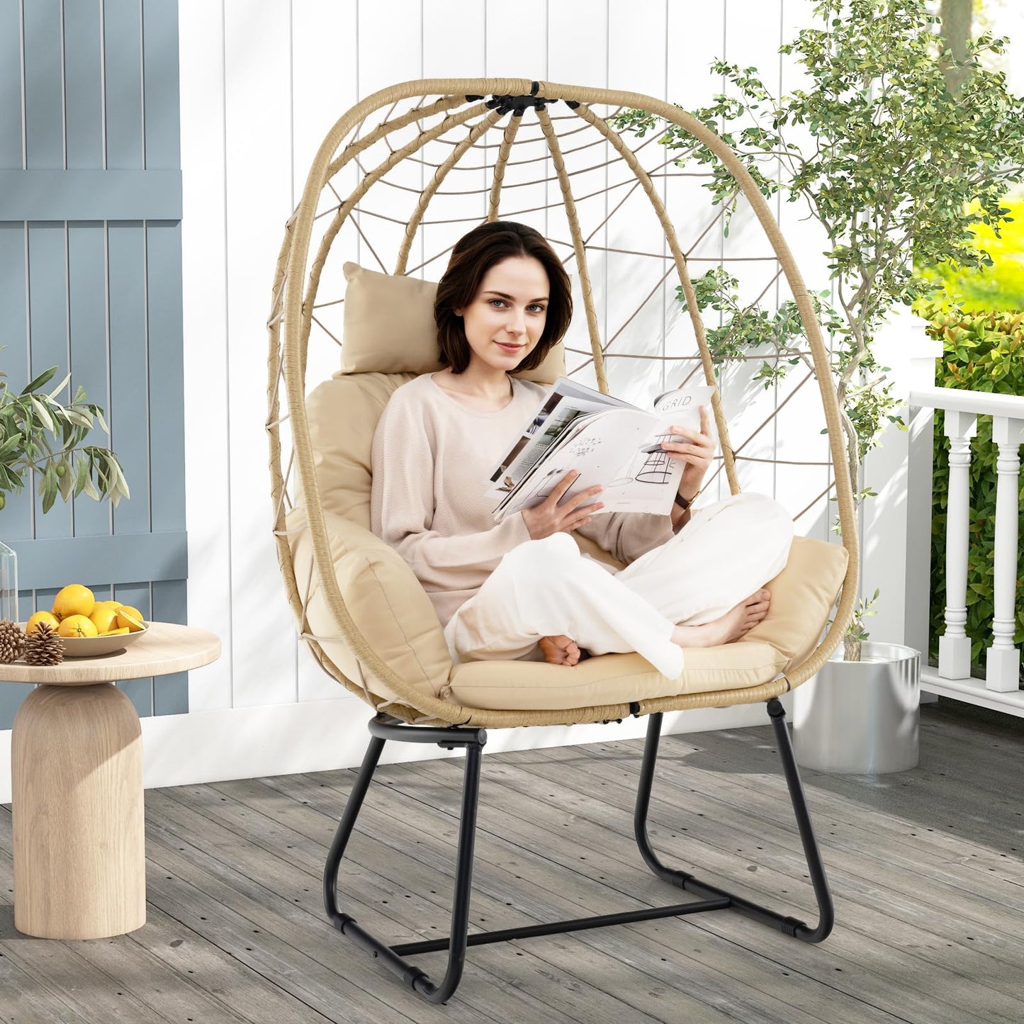 Oversized Standing Rattan Garden Egg Chair with Thick Cushions and Headrest