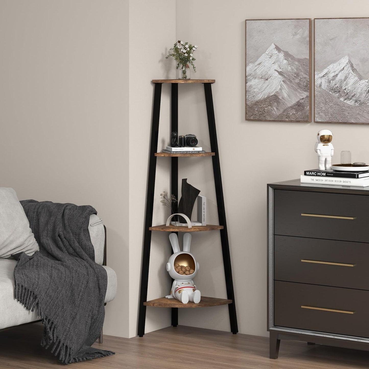 4-Tier Corner Ladder Shelf with Heavy-duty Metal Frame and Anti-toppling Device