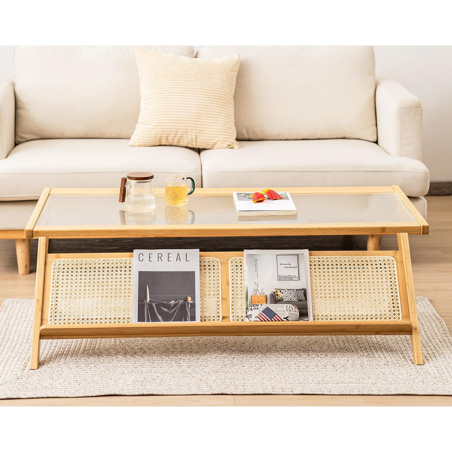 Tempered Glass Cocktail Tea Center Table with Rattan Magazine Storage Shelf