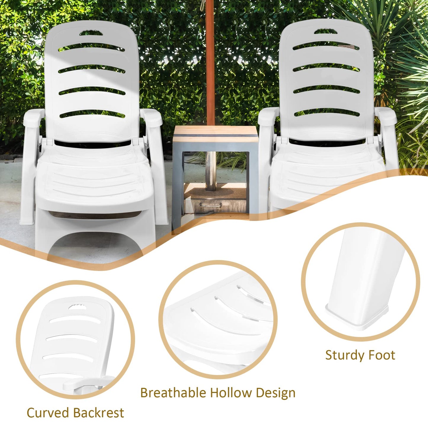5-Position Adjustable Outdoor Folding Sunlounger with Wheels