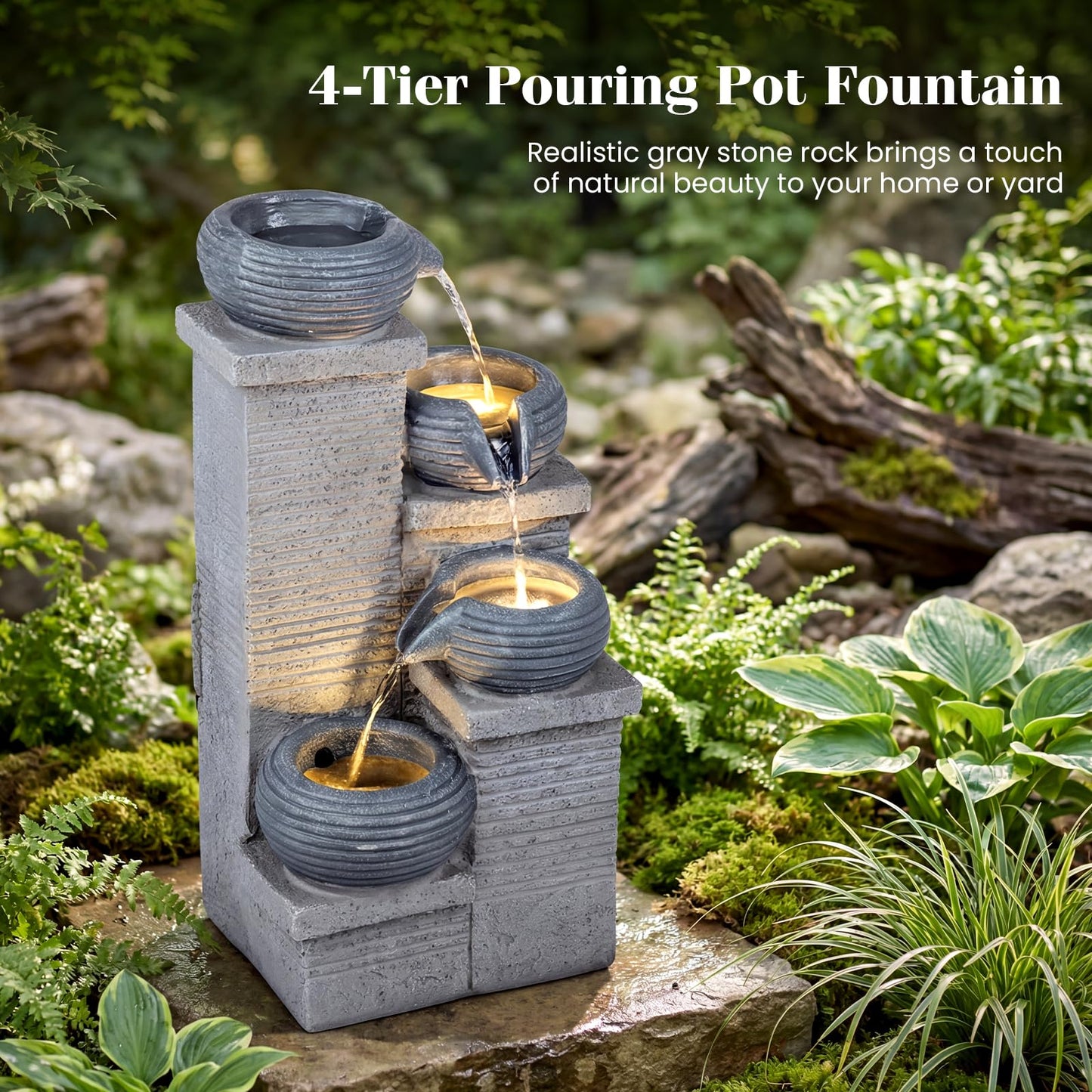 4-Tier Outdoor Water Fountain, Cascading Waterfall Fountain with 3 LED Lights