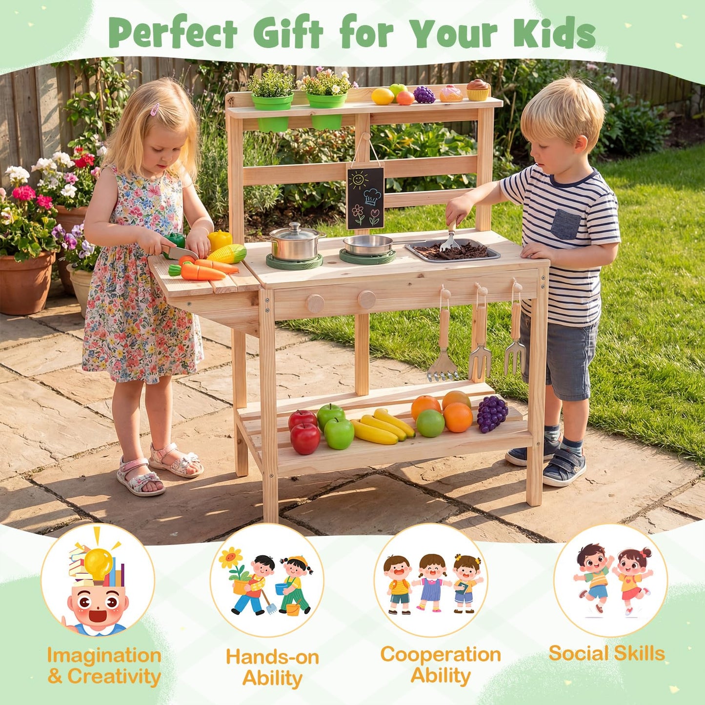 Mud Kitchen, Outdoor Kids Play Kitchen with Stoves, Sink, Rotation Knobs