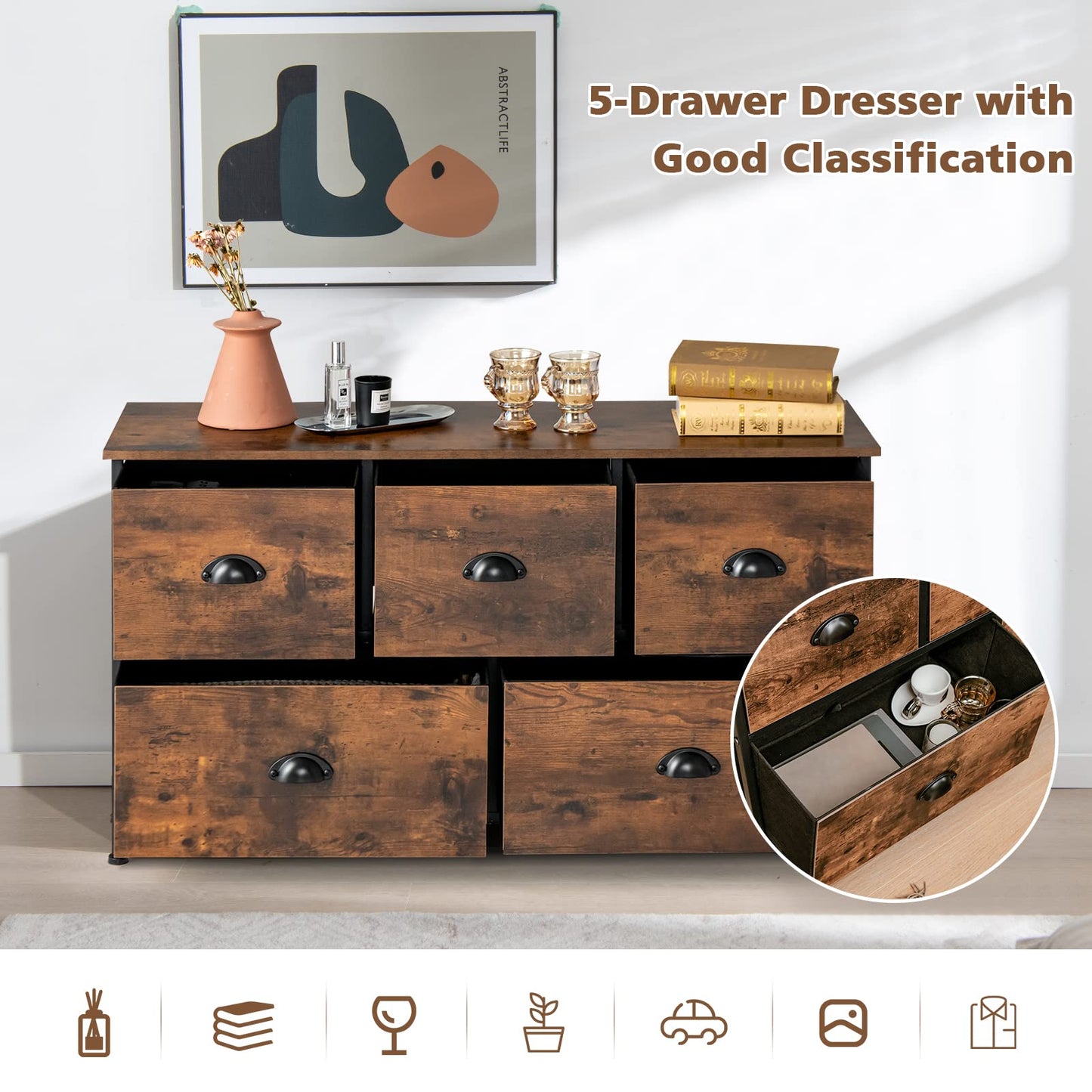 5 Drawer Multifunction Dresser with Foldable Drawers and Wooden Top