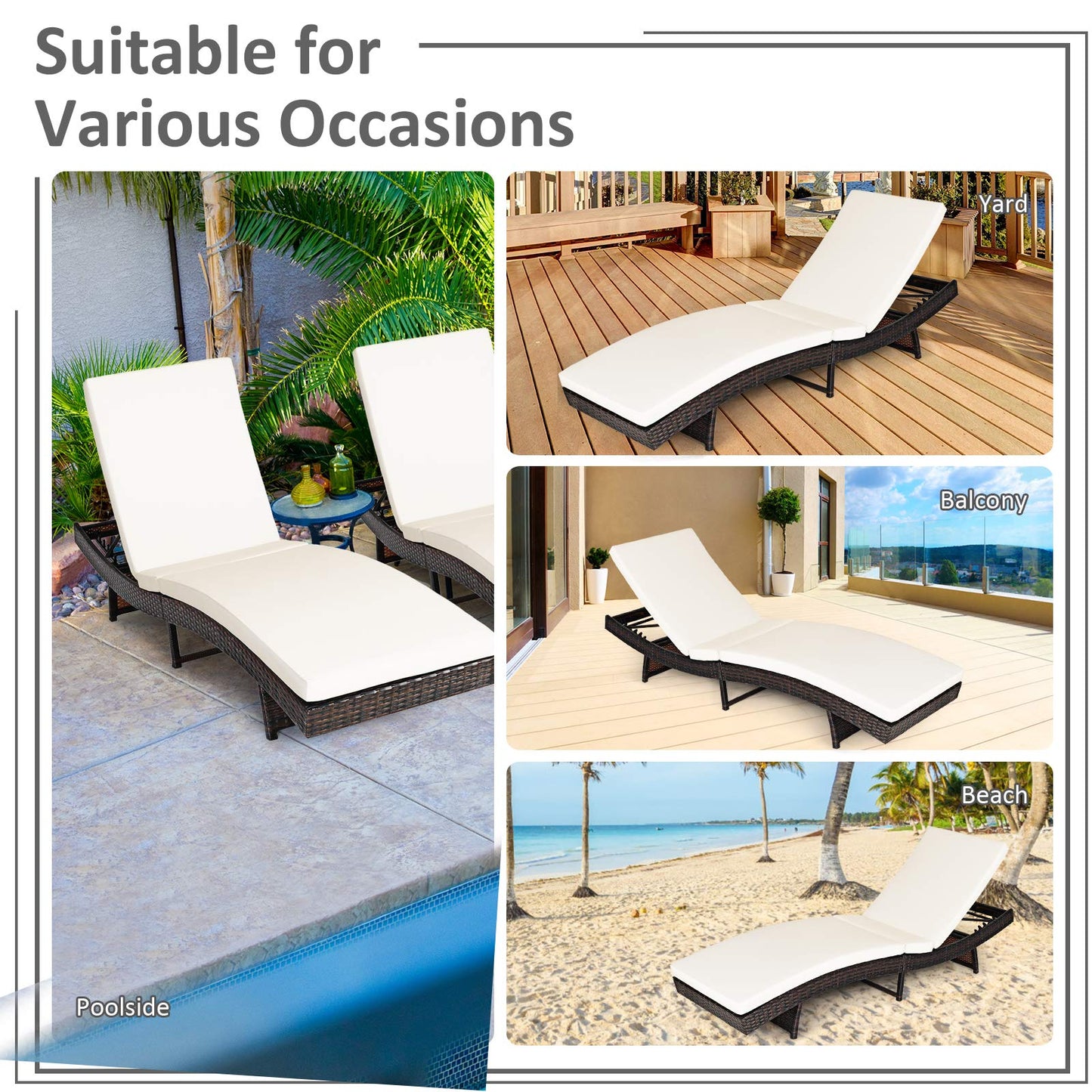 Outdoor Adjustable Folding Chaise Lounge with Removable Thick Cushion
