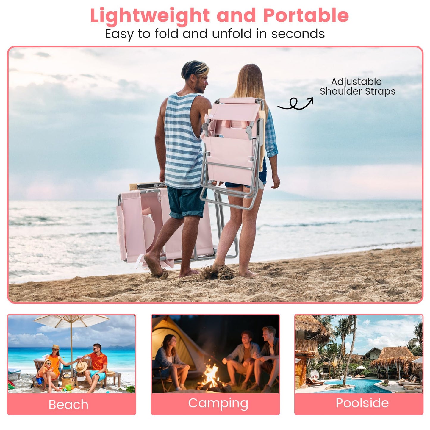 3-IN-1 Foldable Beach Chair Lay-Flat Tanning Chair with Face Hole