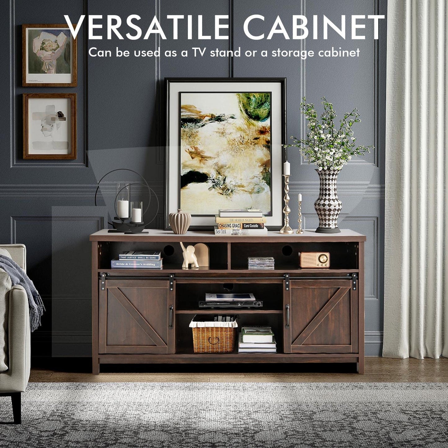 Sliding Barn Door Farmhouse Flat Screen Console for 65 Inch TVs