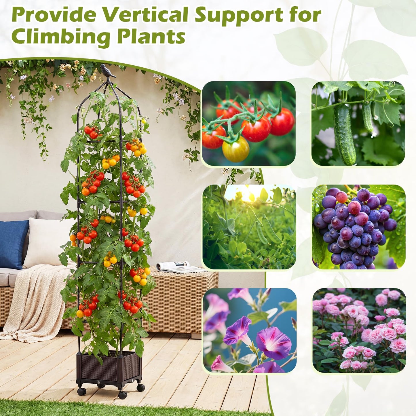 Raised Garden Bed with Trellis, Height Adjustable Rolling Planter Box