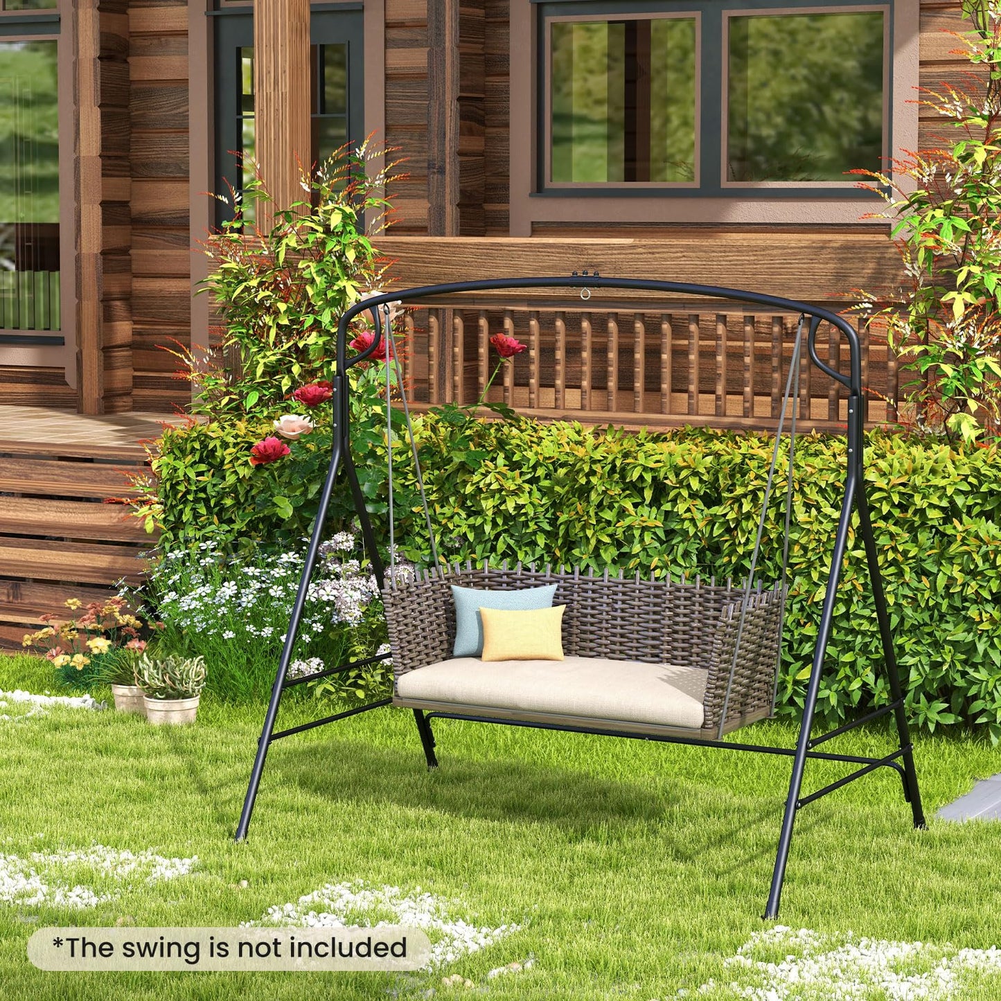 Outdoor Metal Swing Frame Sturdy A-Shaped Porch Swing Stand with Extra Side Bars