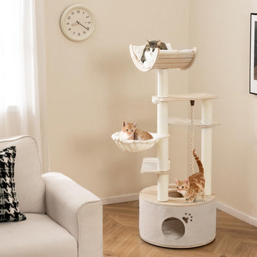 141cm Tall Wooden Cat Tree for Indoor Cats Solid Plywood Multi-Level Kitten Tower